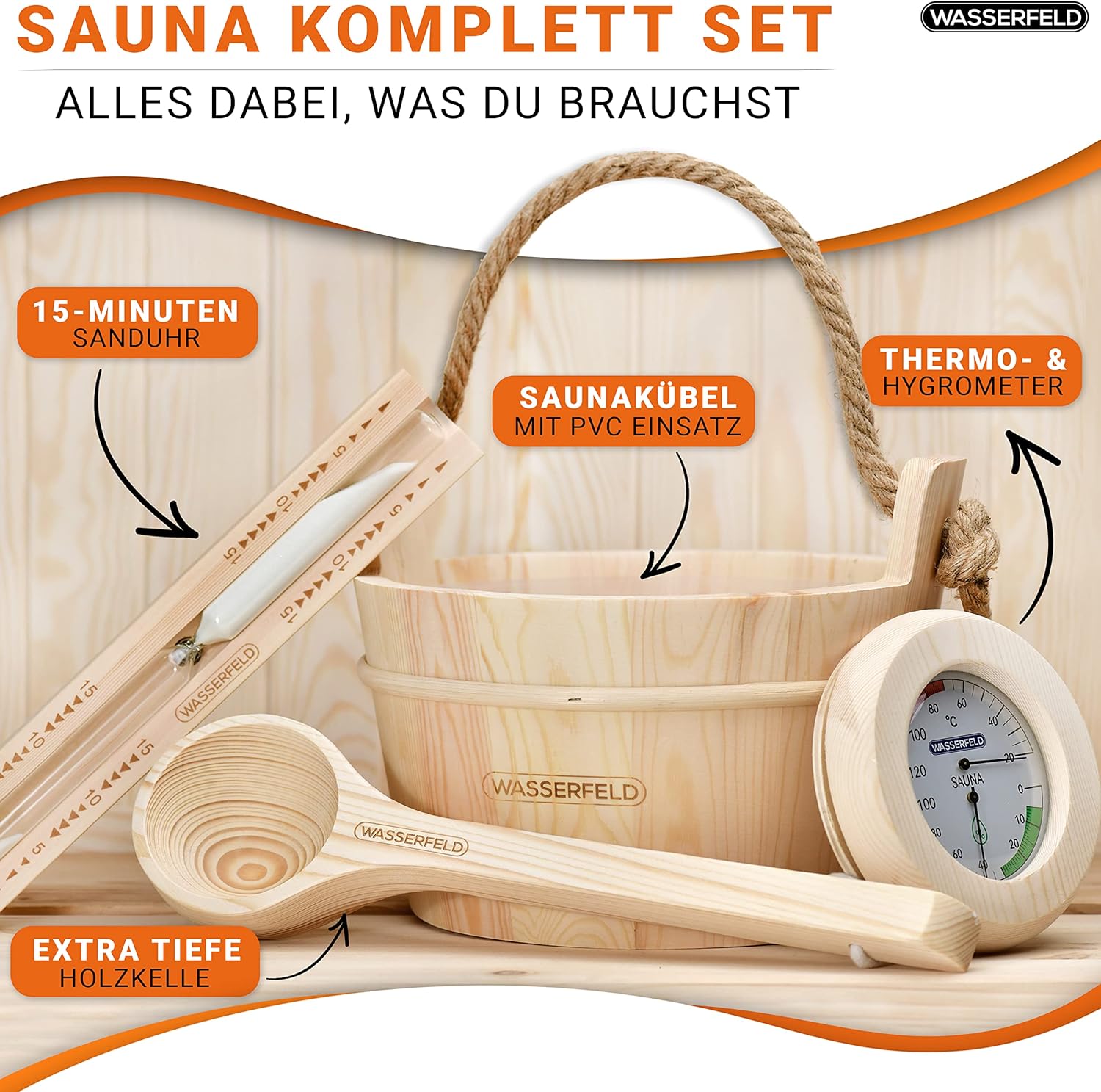 #Set_Saunaeimer, Kelle, Sanduhr & Hygrometer