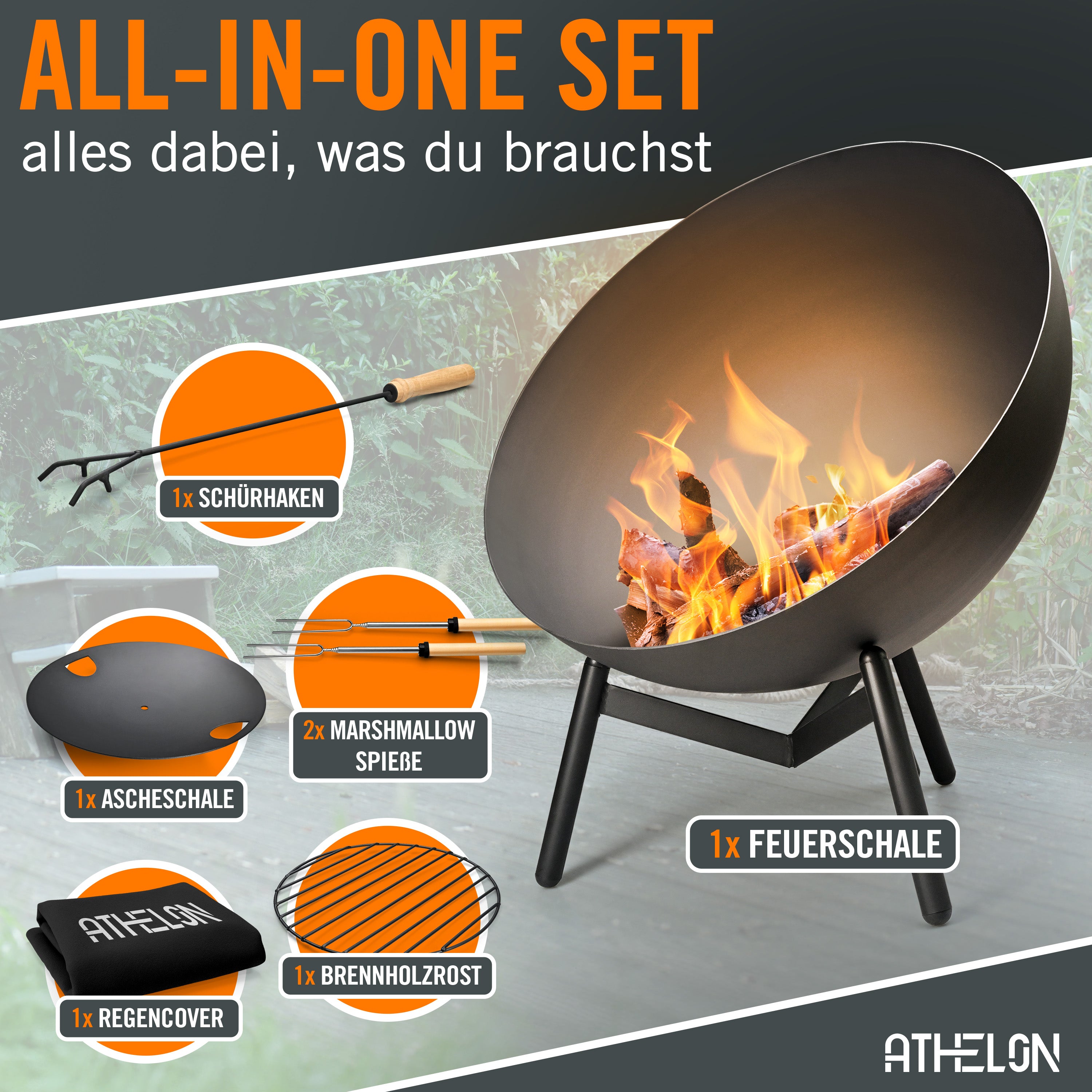 ATHELON® Feuerschale [Ø 60 cm] - wetterfeste Feuerstelle Outdoor aus Stahl für Garten, Terrasse und Balkon [mit Kipp-Mechanismus] - inkl. Zubehör & Abdeckung, schwarz