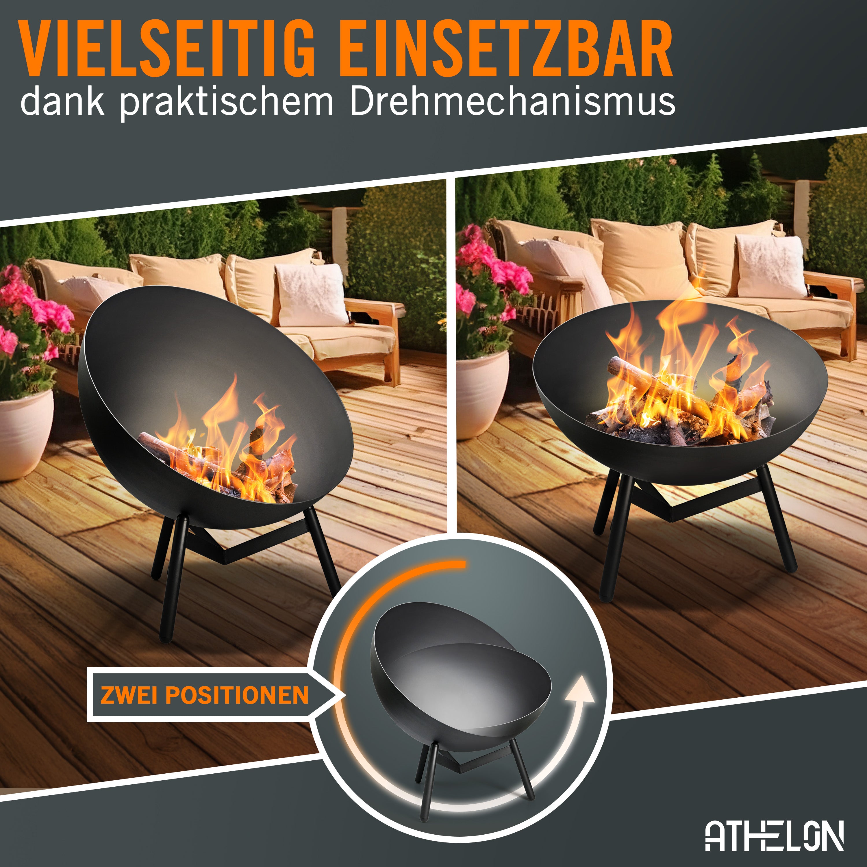ATHELON® Feuerschale [Ø 60 cm] - wetterfeste Feuerstelle Outdoor aus Stahl für Garten, Terrasse und Balkon [mit Kipp-Mechanismus] - inkl. Zubehör & Abdeckung, schwarz