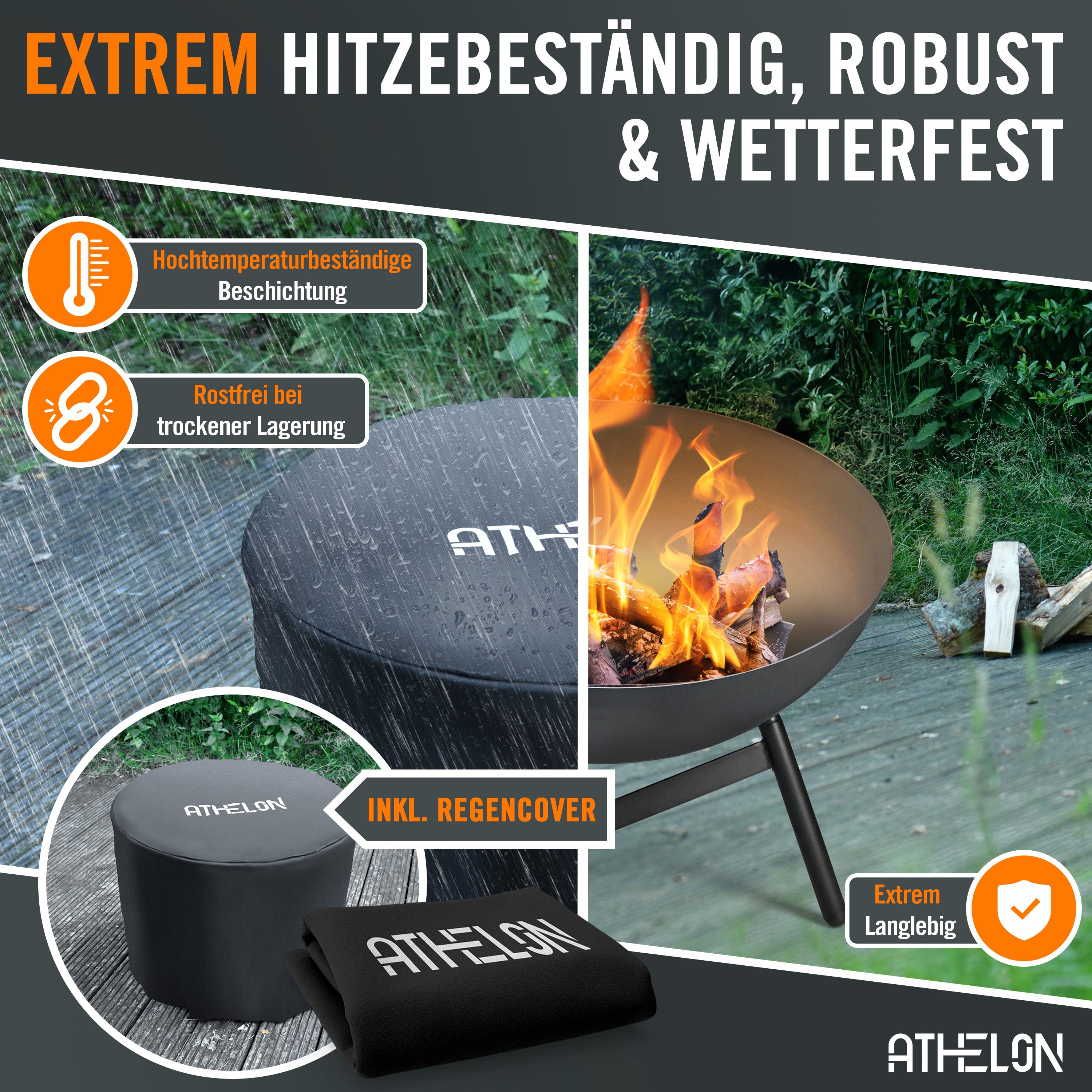 ATHELON® Feuerschale [Ø 60 cm] - wetterfeste Feuerstelle Outdoor aus Stahl für Garten, Terrasse und Balkon [mit Kipp-Mechanismus] - inkl. Zubehör & Abdeckung, schwarz