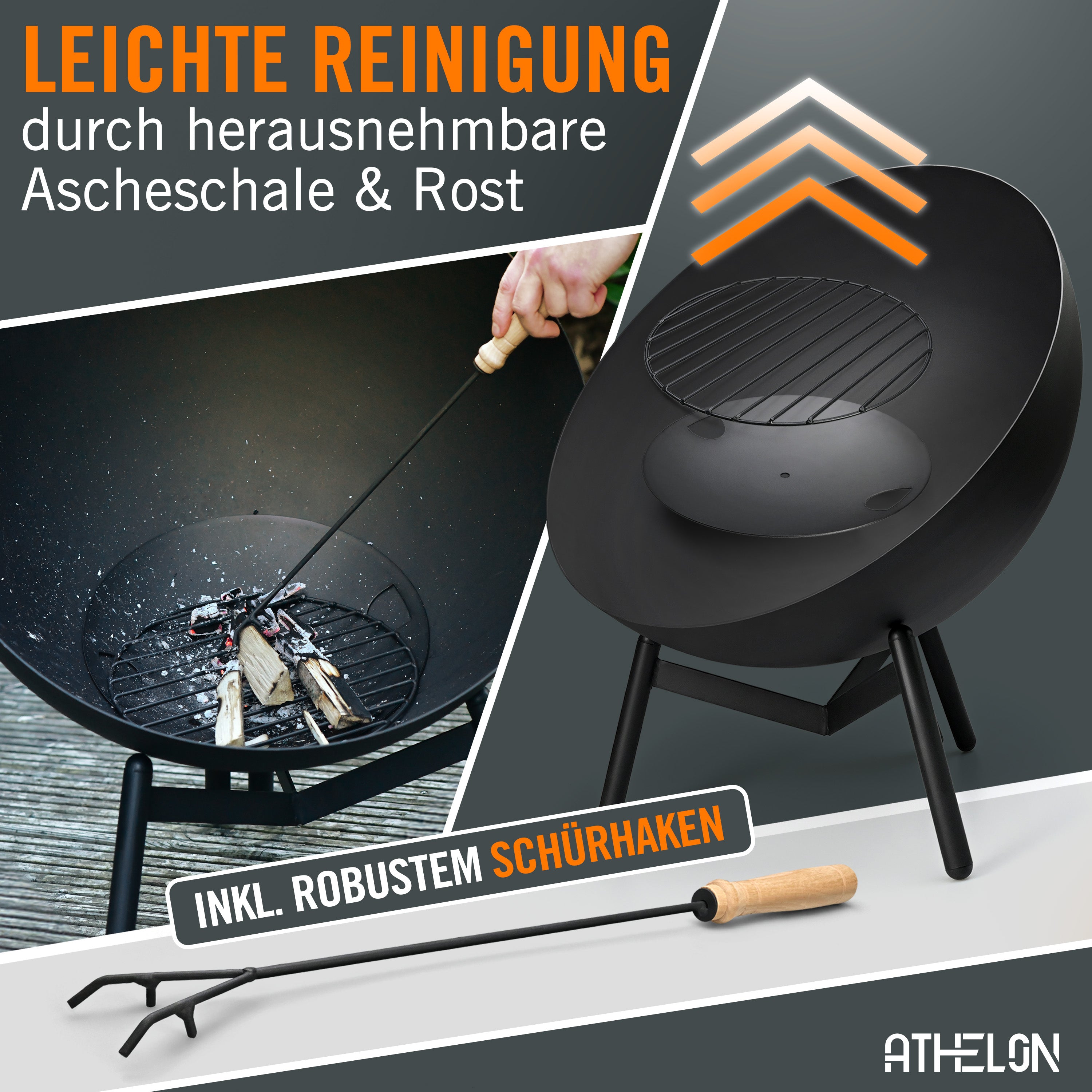 ATHELON® Feuerschale [Ø 60 cm] - wetterfeste Feuerstelle Outdoor aus Stahl für Garten, Terrasse und Balkon [mit Kipp-Mechanismus] - inkl. Zubehör & Abdeckung, schwarz