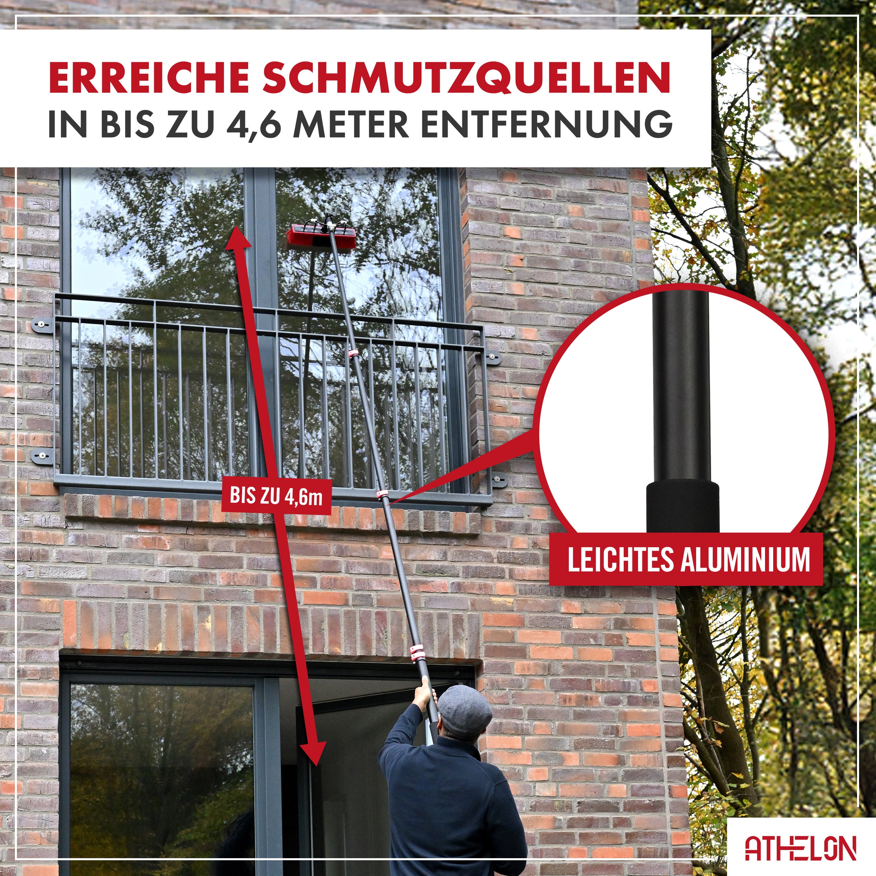 ATHELON® Teleskop Waschbürste zur Solar- & Fensterreinigung [ausziehbar bis 4,6 Meter] - Fensterputzer-Set mit Teleskopstange & Wasseranschluss [für Fenster, Photovoltaik, Wintergarten & Co.]