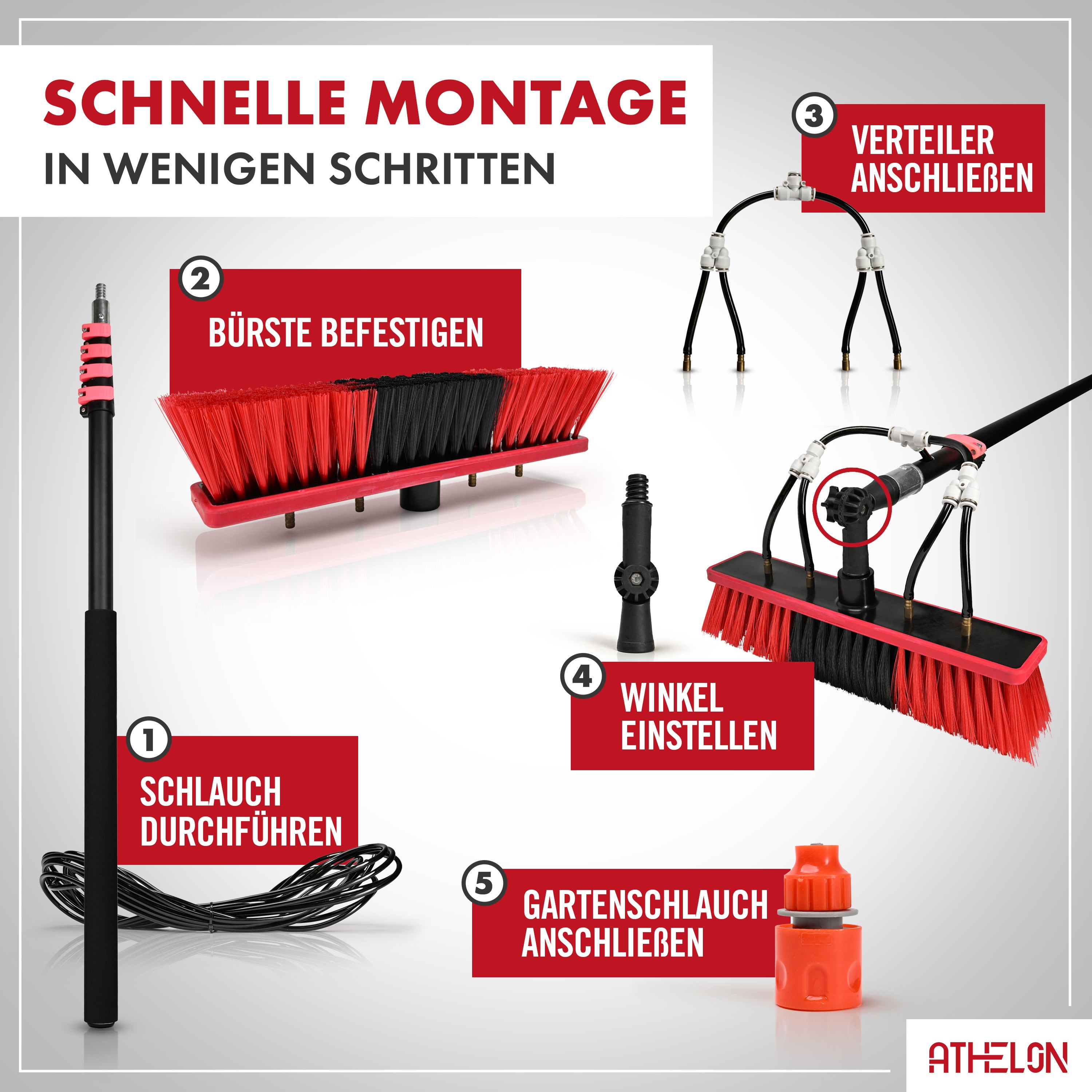 ATHELON® Teleskop Waschbürste zur Solar- & Fensterreinigung [ausziehbar bis 4,6 Meter] - Fensterputzer-Set mit Teleskopstange & Wasseranschluss [für Fenster, Photovoltaik, Wintergarten & Co.]