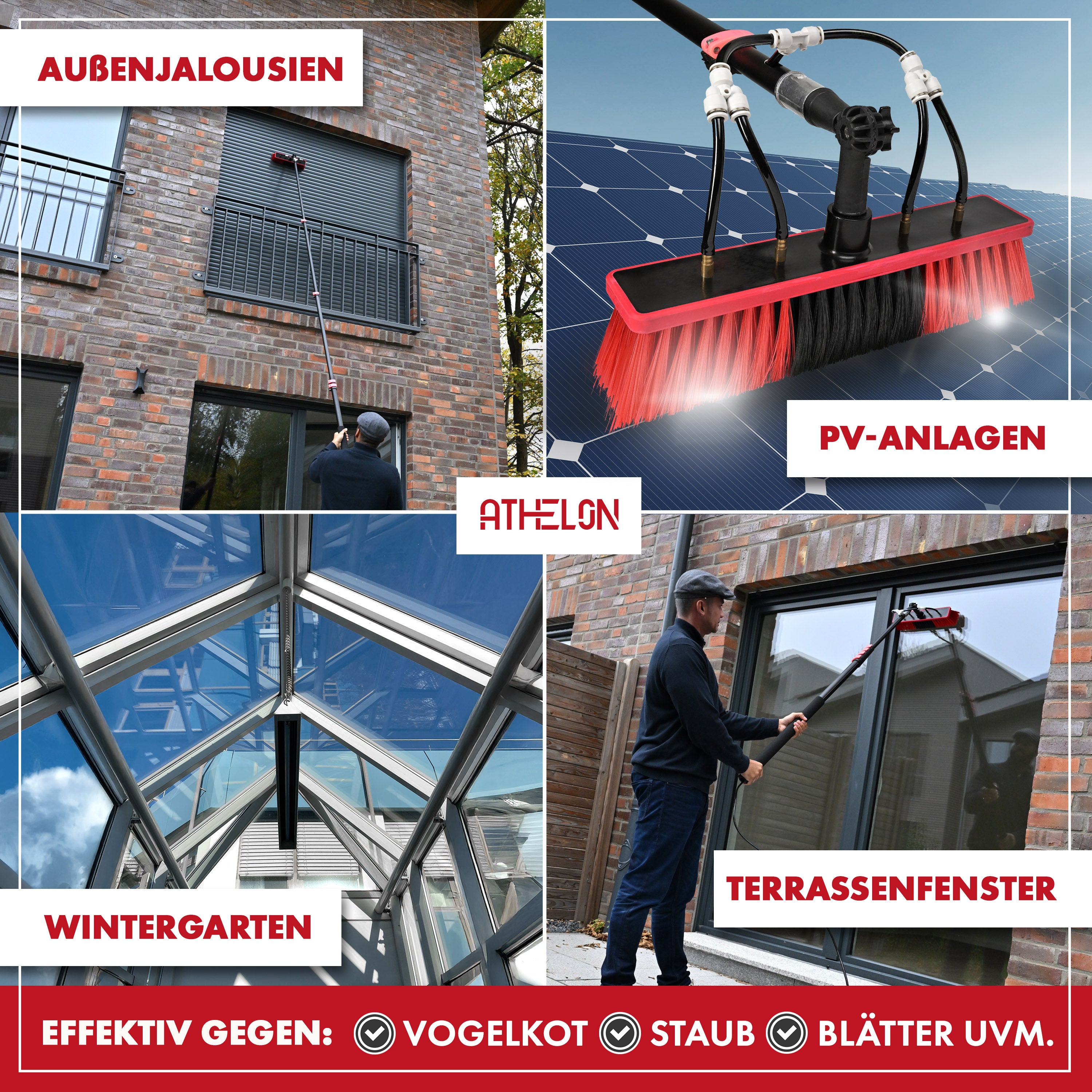 ATHELON® Teleskop Waschbürste zur Solar- & Fensterreinigung [ausziehbar bis 4,6 Meter] - Fensterputzer-Set mit Teleskopstange & Wasseranschluss [für Fenster, Photovoltaik, Wintergarten & Co.]