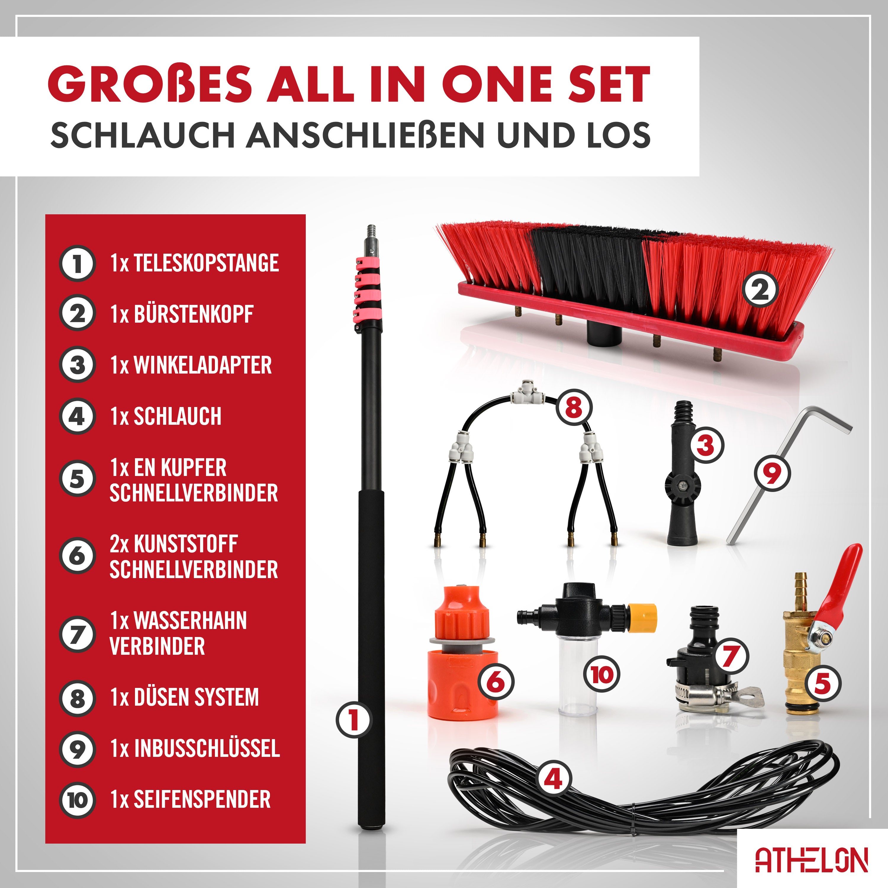 ATHELON® Teleskop Waschbürste zur Solar- & Fensterreinigung [ausziehbar bis 4,6 Meter] - Fensterputzer-Set mit Teleskopstange & Wasseranschluss [für Fenster, Photovoltaik, Wintergarten & Co.]