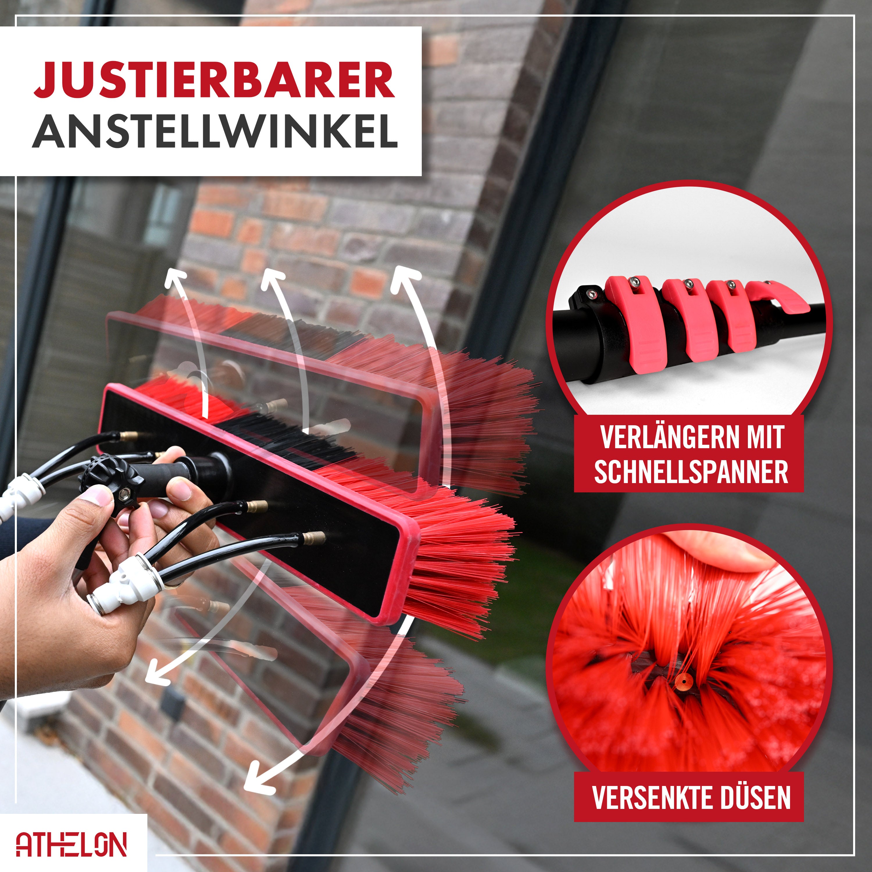 ATHELON® Teleskop Waschbürste zur Solar- & Fensterreinigung [ausziehbar bis 4,6 Meter] - Fensterputzer-Set mit Teleskopstange & Wasseranschluss [für Fenster, Photovoltaik, Wintergarten & Co.]