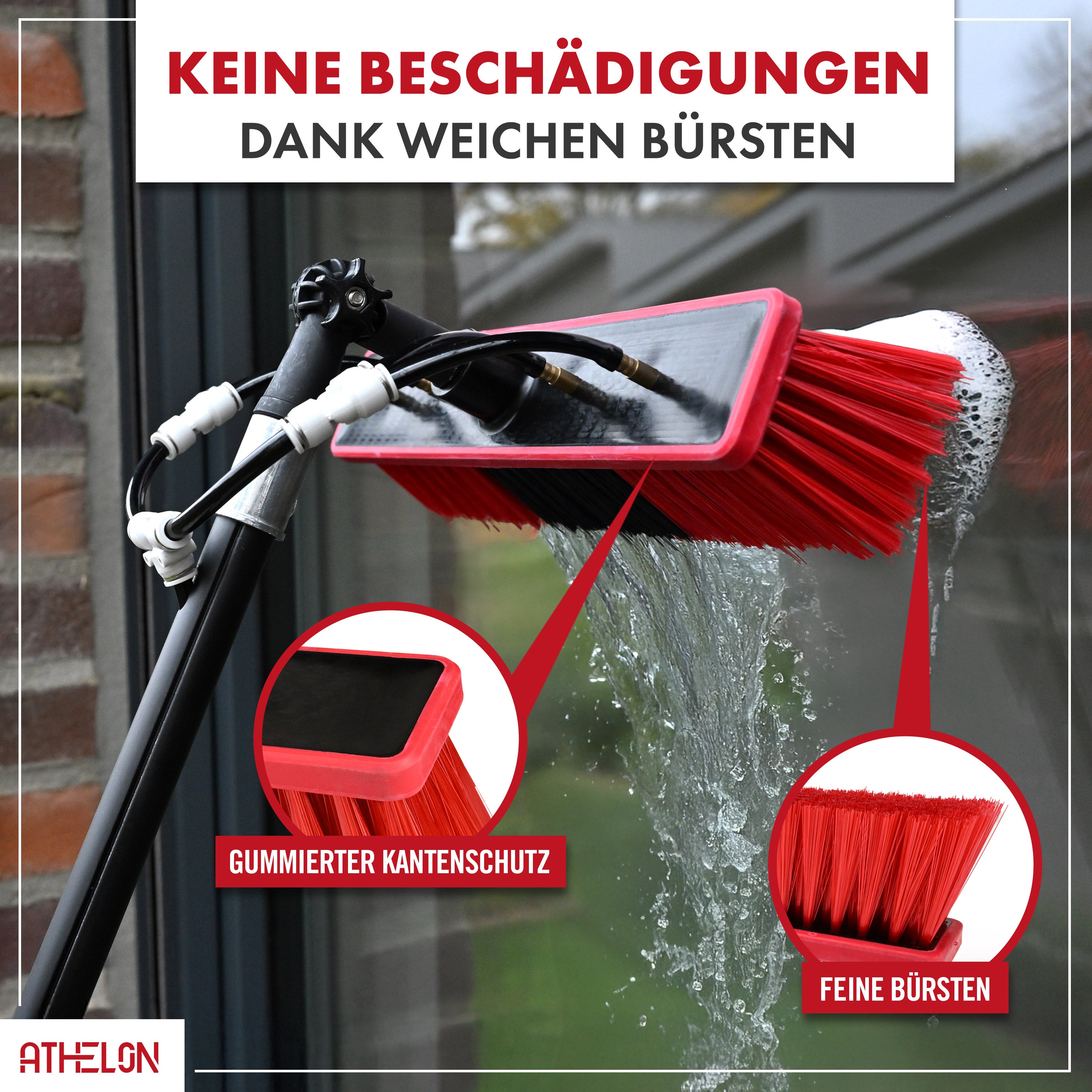 ATHELON® Teleskop Waschbürste zur Solar- & Fensterreinigung [ausziehbar bis 4,6 Meter] - Fensterputzer-Set mit Teleskopstange & Wasseranschluss [für Fenster, Photovoltaik, Wintergarten & Co.]