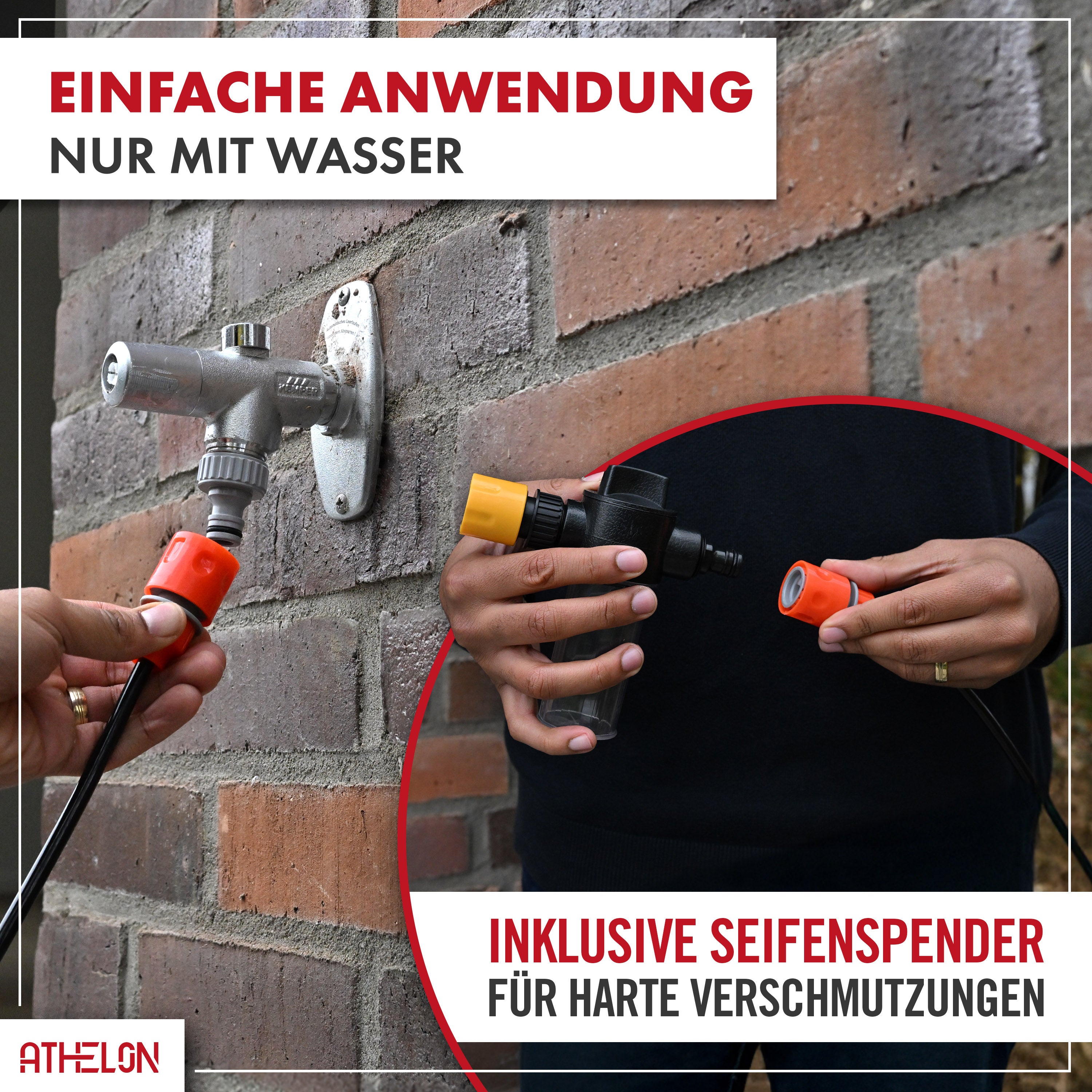 ATHELON® Teleskop Waschbürste zur Solar- & Fensterreinigung [ausziehbar bis 4,6 Meter] - Fensterputzer-Set mit Teleskopstange & Wasseranschluss [für Fenster, Photovoltaik, Wintergarten & Co.]