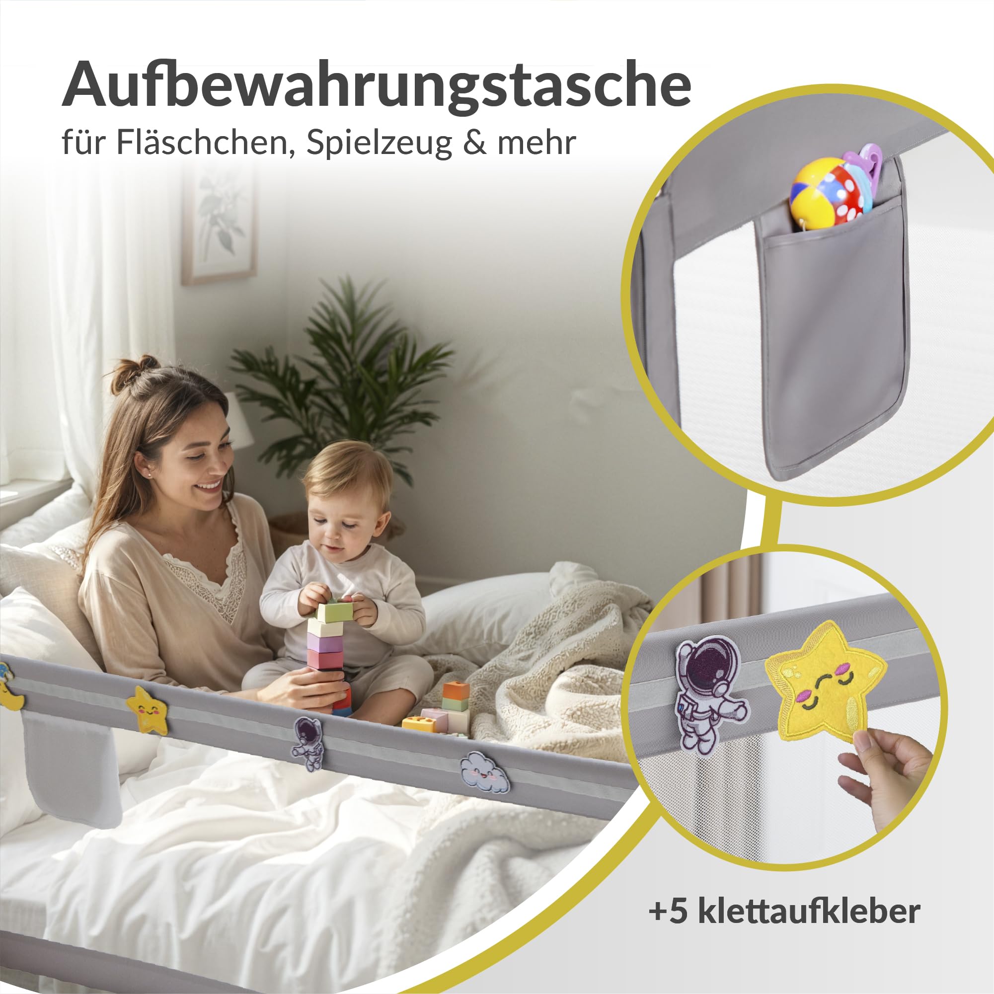 Wolkenglück Bettrausfallschutz grau – Anwendung am Bett