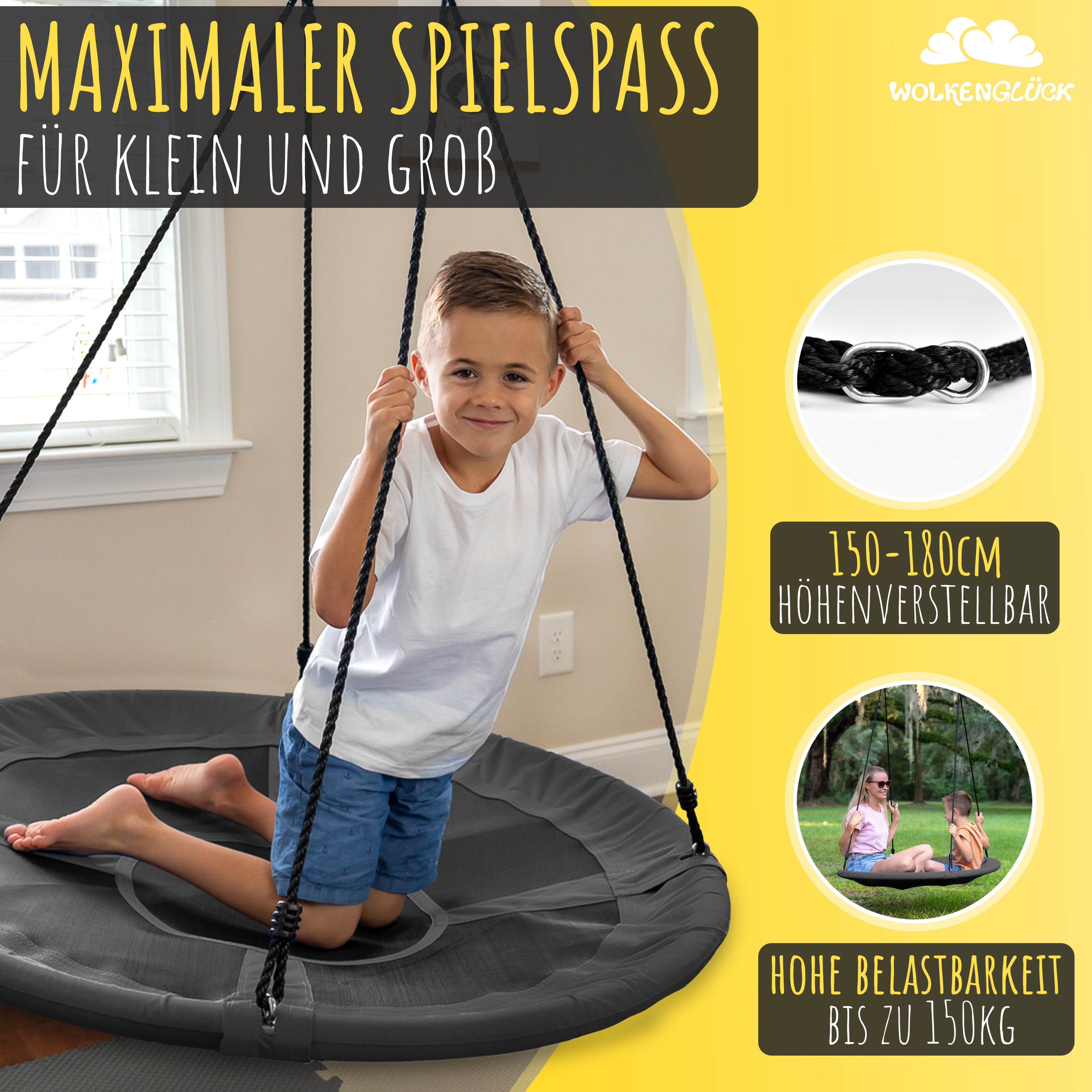 Wolkenglück Nestschaukel grau rund 110 cm – Seitenansicht#Farbe:_grau